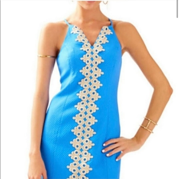 NWT Lilly Pulitzer blue shift dress with gold trim - Picture 4 of 8